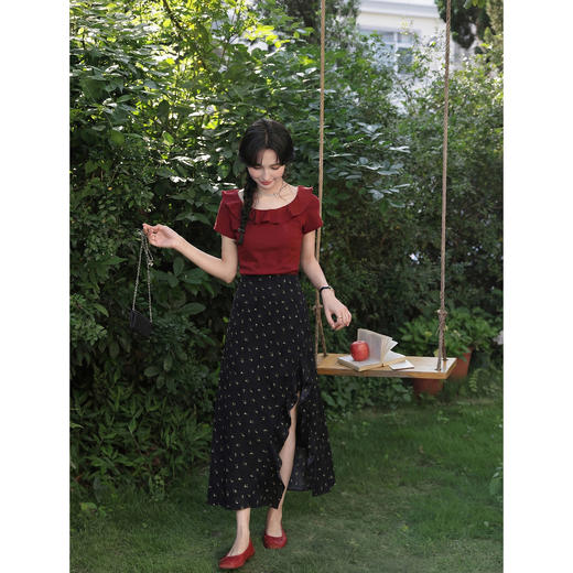 鹿向南「夜色蔷薇」黑色碎花半身裙女春气质开叉高腰显瘦A字长裙 商品图2