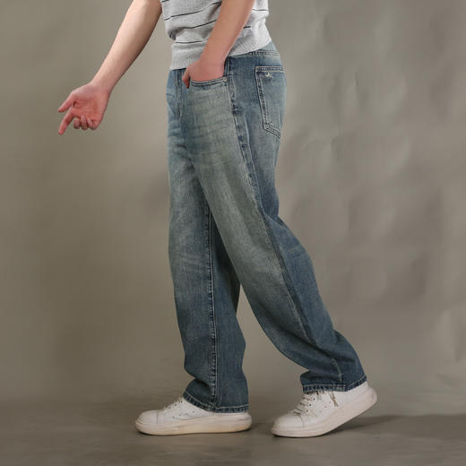 DRONKOO 2026 半松紧腰右侧棕标表袋吊烂复古洗水中厚牛仔长裤 商品图2