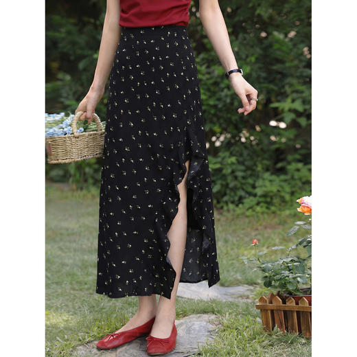 鹿向南「夜色蔷薇」黑色碎花半身裙女春气质开叉高腰显瘦A字长裙 商品图1