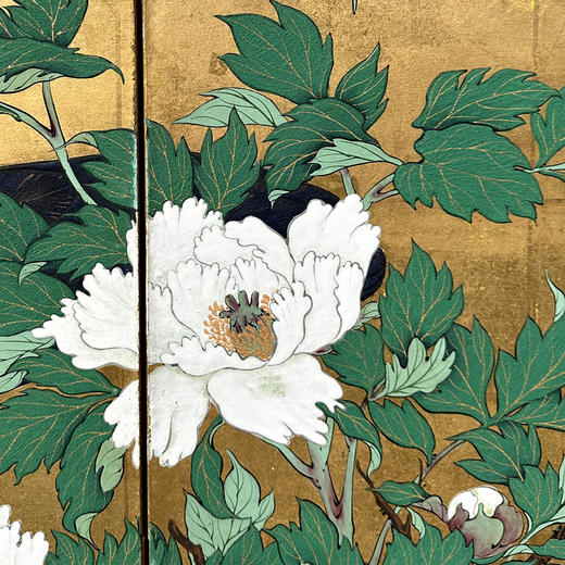 独角鹿西洋古董18世纪日本江户时代出品「雀羽呈祥」主题金地纸本设色六曲屏风 商品图5