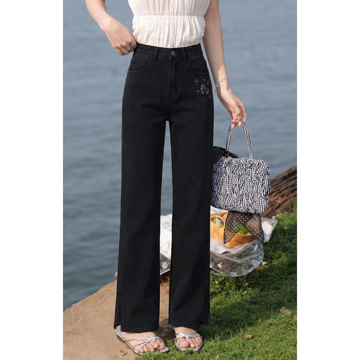 鹿向南「星夜微光」黑色修身牛仔裤女春季新款高腰直筒显瘦长裤子 商品图0