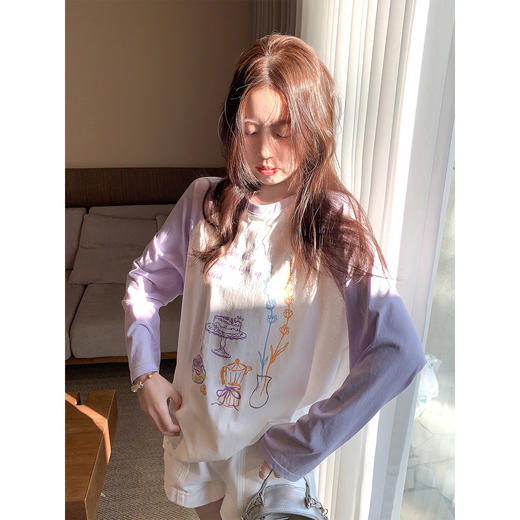 <曾小咸推荐>韩系拼色印花长袖t恤女上衣【预售3-15天发货】 商品图4