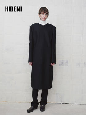 HIDEMI 绵羊毛设计感黑色简约圆领长款西装西服外套
