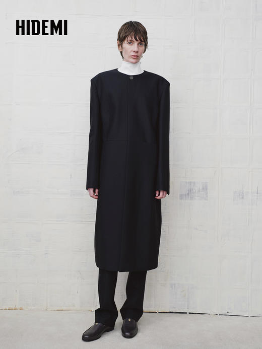 HIDEMI 绵羊毛设计感黑色简约圆领长款西装西服外套 商品图0