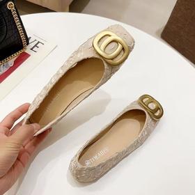 百搭金属扣浅口方头豆豆鞋女新款简约温柔风舒适平底单鞋35-40★娃娃优选