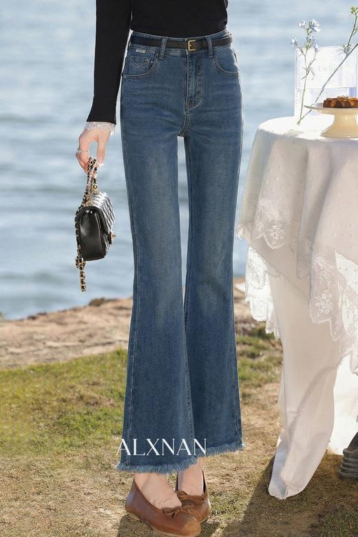 鹿向南「水畔丽姿」深蓝色微喇牛仔裤女春季气质高腰做旧九分裤子 商品图5