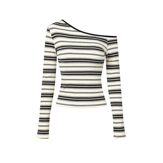 【韩系潮流设计】现货韩系撞色条纹长袖T恤女秋季新款气质百搭斜肩上衣打底衫。rg 商品图4