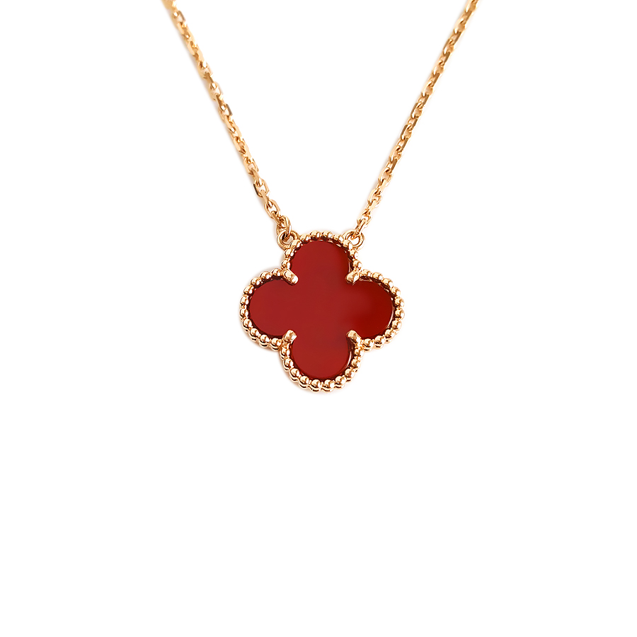【95新】VCA梵克雅宝Vintage Alhambra系列VCARD38500中号18K黄金镶红玉髓四叶草红花项链 链长约45cm（有加长）女士140226NJ08