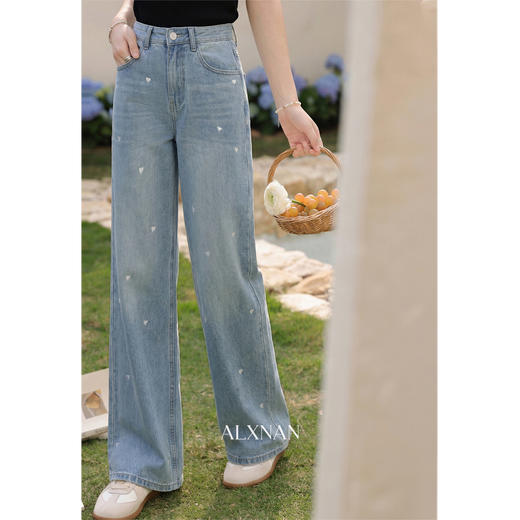 鹿向南「赴春之约」蓝色绣花直筒宽松阔腿牛仔裤女春季显瘦长裤子 商品图3