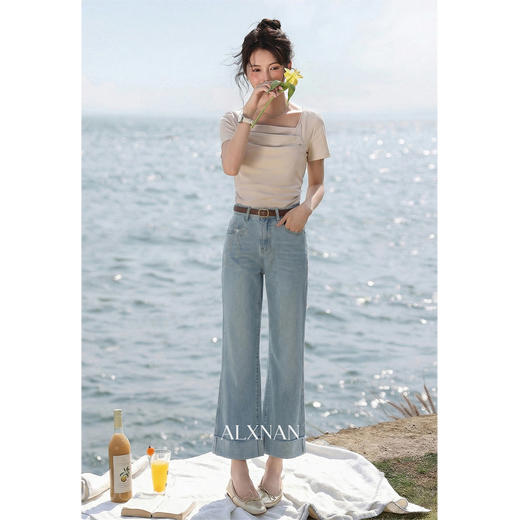 鹿向南「春野慢行」蓝色九分牛仔裤女春季韩系小个子高腰微喇裤子 商品图1