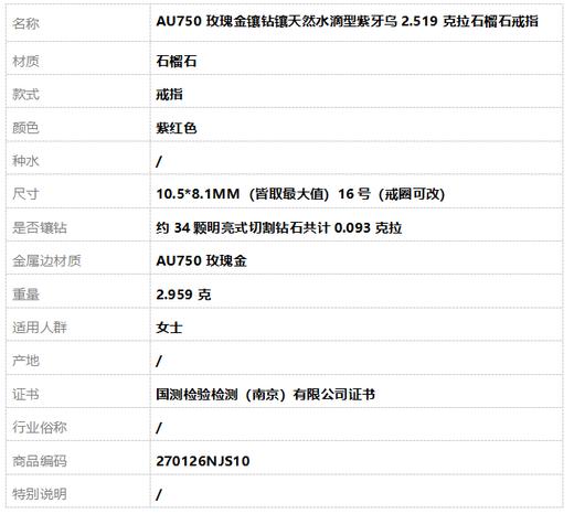 【天然正品】AU750玫瑰金镶钻镶天然水滴型紫牙乌2.519克拉石榴石戒指10.5*8.1MM（皆取最大值）16号（戒圈可改）270126NJS10 商品图8