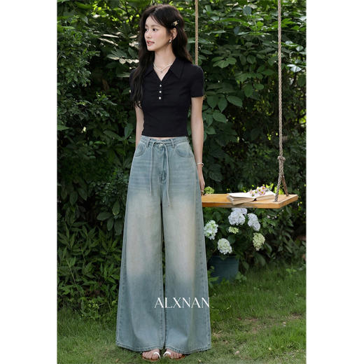 鹿向南「复古巴黎」蓝色阔腿牛仔裤女春季新款宽松高腰超好看长裤 商品图0