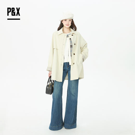 P&X设计师女装2026春季法式简约复古中长款风衣 826119081 杏色 商品图3