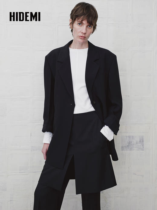 HIDEMI 绵羊毛设计感黑色翻领西装西服外套 商品图2