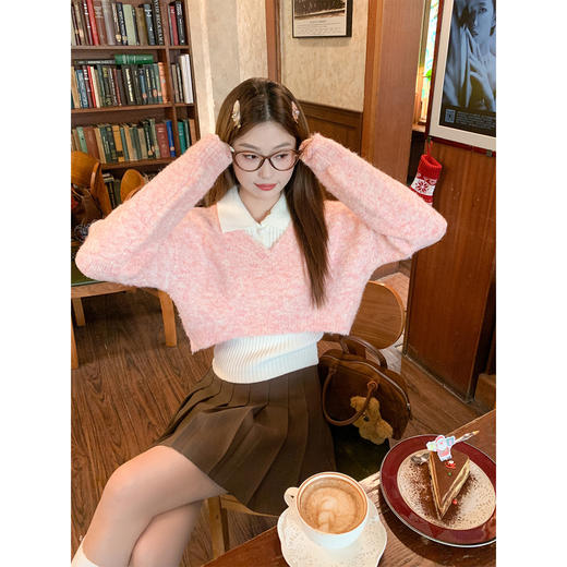 <曾小咸推荐>2.27现货秒杀 ！微信超特价！韩系粉色polo领短款针织衫两件套 日常229.99 立减130 秒杀99.99！ 商品图4