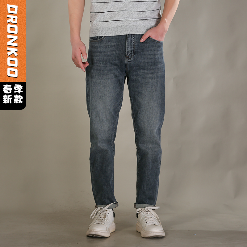 DRONKOO 2026 正常腰表袋右后袋竖长条绣线压胶中厚牛仔长裤