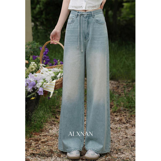 鹿向南「复古巴黎」蓝色阔腿牛仔裤女春季新款宽松高腰超好看长裤 商品图1