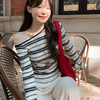 【韩系潮流设计】现货韩系撞色条纹长袖T恤女秋季新款气质百搭斜肩上衣打底衫。rg 商品缩略图0