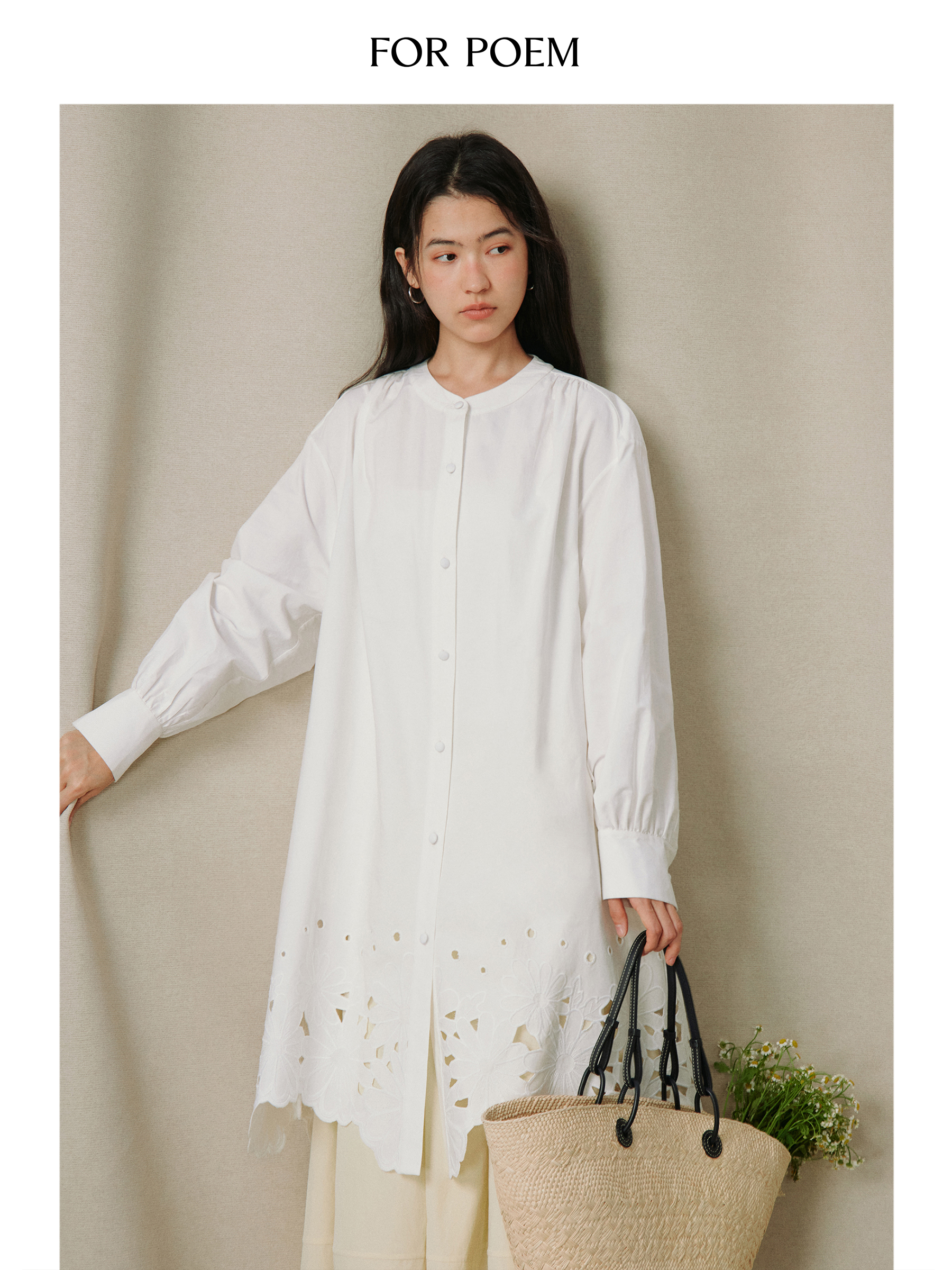 ForPoem 26/SS 原创设计通勤系列圆领刺绣花边衬衫裙