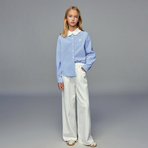 💕春3童装法式荷叶领蓝白格纹长袖衬衫 商品图3