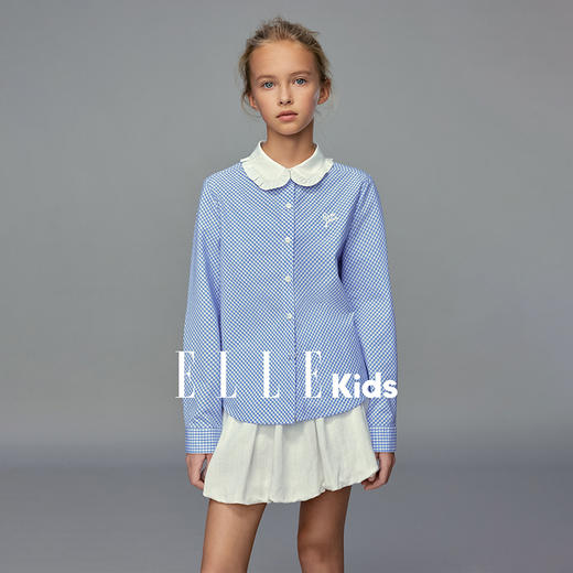 💕春3童装法式荷叶领蓝白格纹长袖衬衫 商品图0