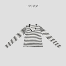 THESOONG|“层次美学”莱赛尔羊毛混纺假两件V领条纹长袖T恤HWTX8724