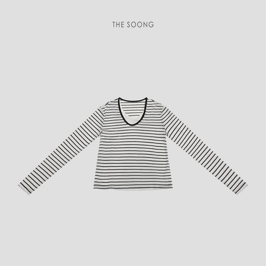 THESOONG|“层次美学”莱赛尔羊毛混纺假两件V领条纹长袖T恤HWTX8724 商品图0