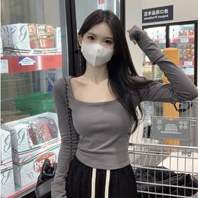 【春秋百搭❗不挑风格肤色】现货方领露锁骨长袖t恤女春秋季修身内搭短款露脐打底衫上衣。rg