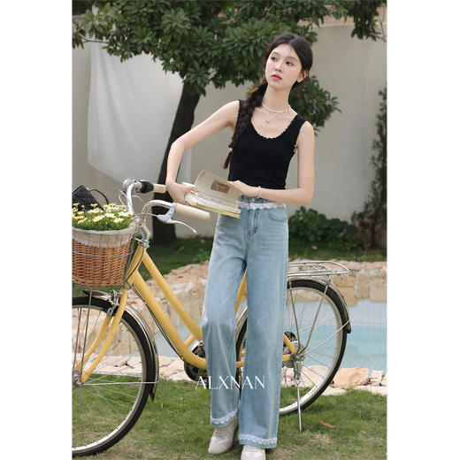 鹿向南「秋香胭脂」蓝色高腰牛仔裤女春季法式设计感阔腿直筒裤 商品图4