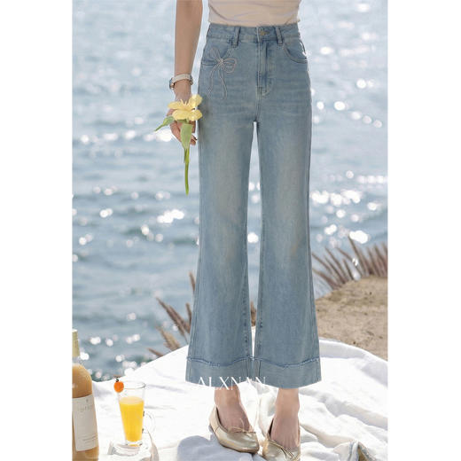 鹿向南「春野慢行」蓝色九分牛仔裤女春季韩系小个子高腰微喇裤子 商品图3