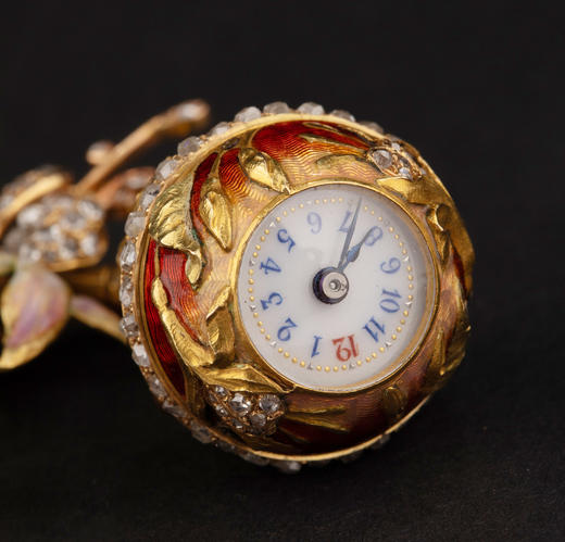 独角鹿西洋古董19世纪晚期瑞士出品黄金镶嵌钻石苹果主题珐琅表盘怀表及胸针 商品图5