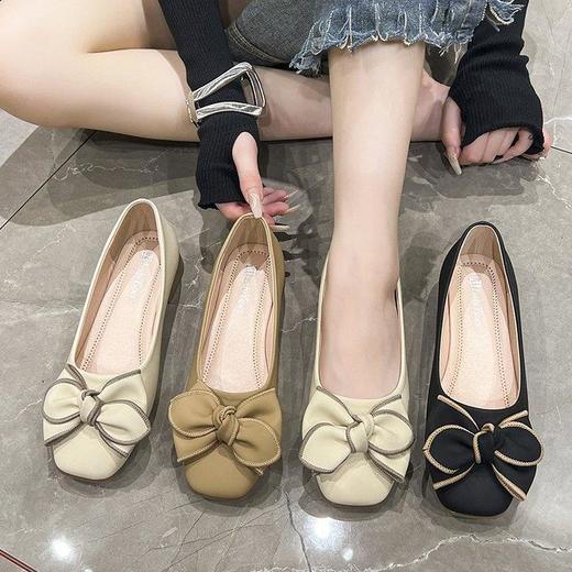 春秋新款小众蝴蝶结方头浅口单鞋女豆豆鞋孕妇瓢鞋平底鞋子35-40★娃娃优选 商品图0