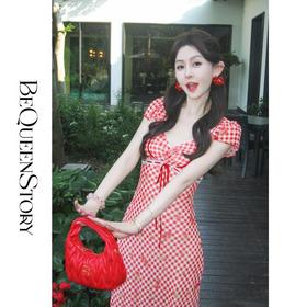 【孤品样衣，不退不换】【苏格兰野餐】轻奢经典格纹乔其纱印花荷叶边连衣裙