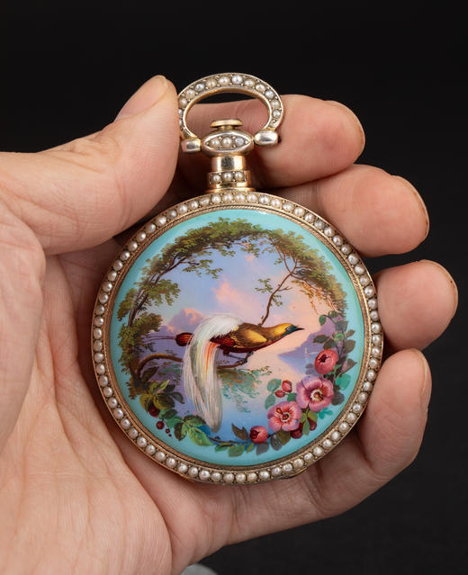 独角鹿西洋古董19世纪中期瑞士播威工坊出品银鎏金精雕装饰珐琅表盘镶嵌珍珠中央秒针跳秒擒纵怀表 商品图1