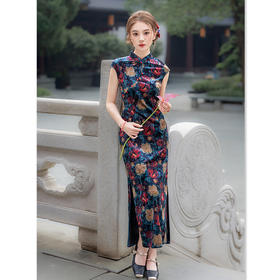 复古国风改良新中式长款，丝绒无袖绝美中式旗袍裙GX-12619