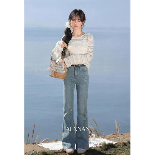 鹿向南「雾蓝蝶影」蓝色蝴蝶结刺绣微喇牛仔裤女春季显瘦直筒长裤 商品图4