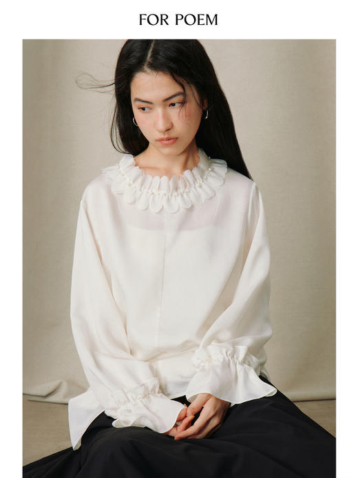ForPoem 26/SS 原创设计珍珠荷叶边领口上衣米白 商品图2