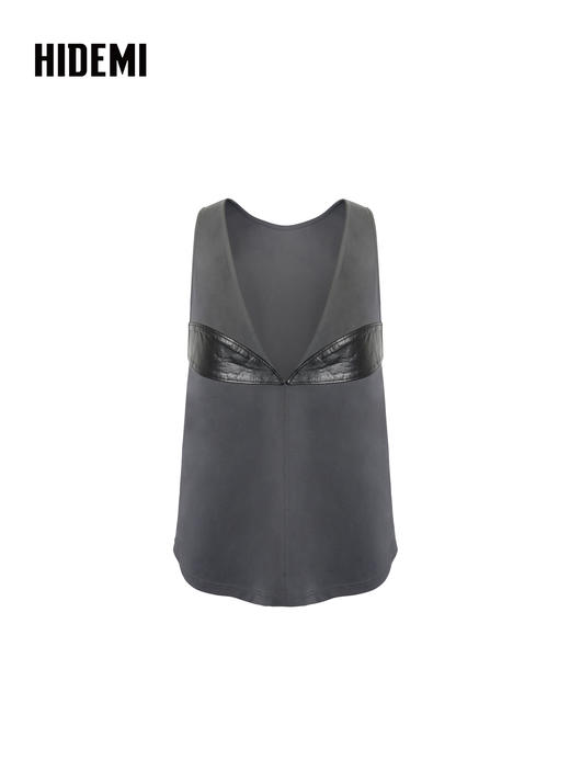 HIDEMI 设计感油蜡皮拼接套装深V领无袖背心上衣 商品图6