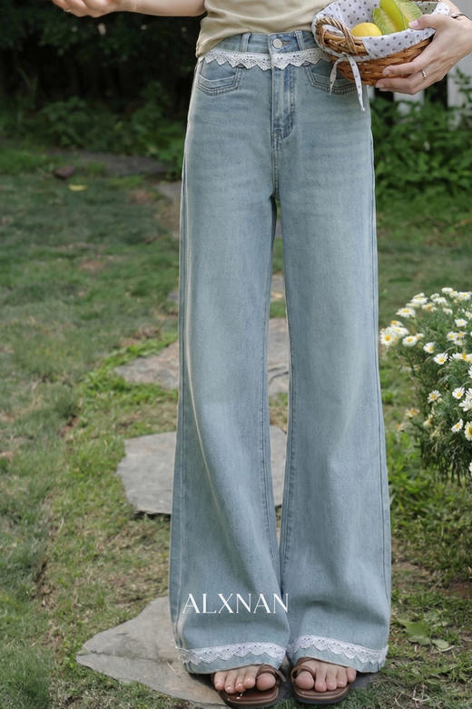 鹿向南「秋香胭脂」蓝色高腰牛仔裤女春季法式设计感阔腿直筒裤 商品图5