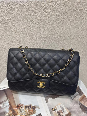 Chanel CF jumbo 黑金 荔枝纹牛皮 单肩包