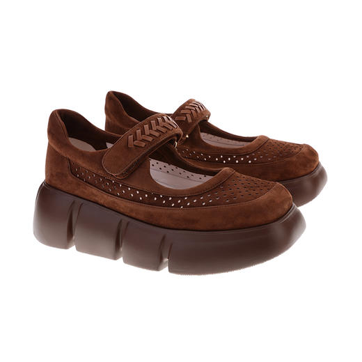 sheme皮料拼接手工皮条点缀镂空鞋身透气舒适时尚厚底玛丽珍女鞋可定制 商品图4