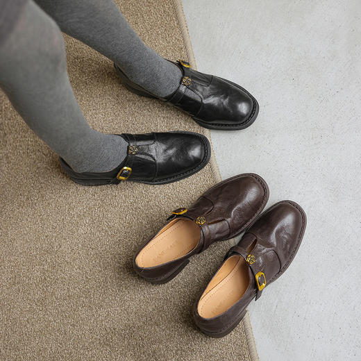 2026新款四季女鞋羊皮花朵复古风小皮鞋黑色舒适低帮浅口单鞋40码 商品图1