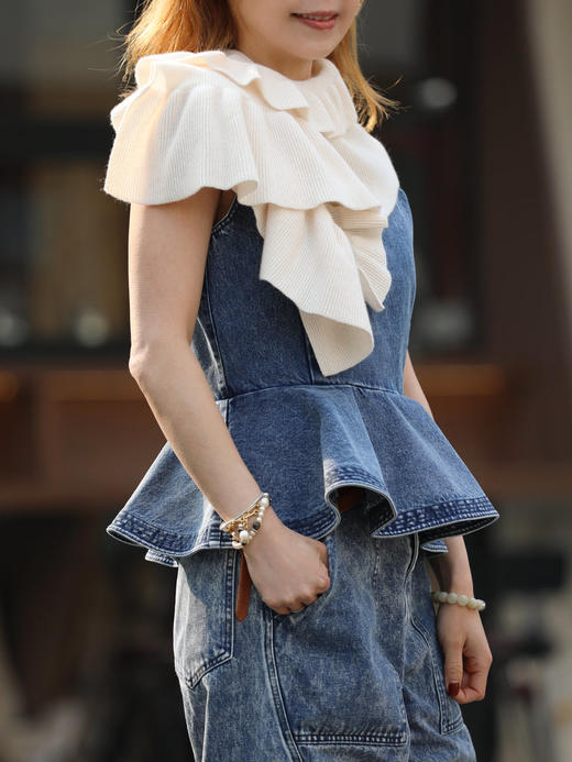 TYNVIE 奢华荷叶边围巾 - 奶油白 商品图1