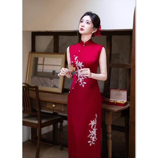 港风红色无袖新中式复古旗袍，仿醋酸绣花婚宴旗袍GX-276018 商品图0