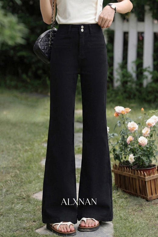 鹿向南「墨画四季」黑色微喇牛仔裤女春季新款小个子百搭高腰长裤 商品图5