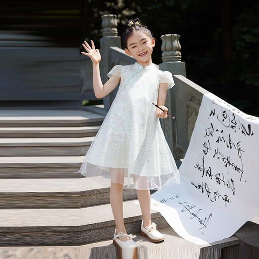 女童国风优雅立领盘扣清爽短袖连衣裙夏季新款安奈儿童装EG623563 商品图3
