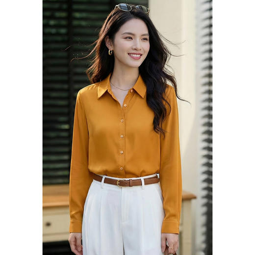 「琥珀光感桑蚕丝衬衫」暖润缎感 优质桑蚕  
 亲肤养肤 米思阳2026春季新款舒适真丝衬衫 简约通勤风职业翻领单排扣衬衫长袖上衣1419 商品图2
