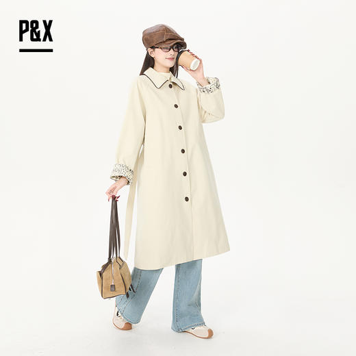 P&X设计师女装2026春季宽松复古花纹长款风衣 826119080 杏色 商品图1