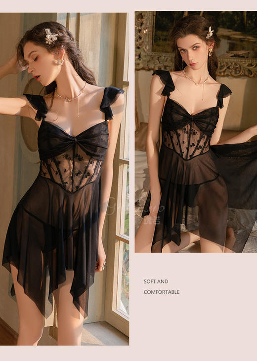 【YW】无忧购“3.8春日礼遇”情趣内衣纯欲低胸褶皱聚拢网纱蕾丝吊带裙4896（截单后3-5天发货） 商品图7