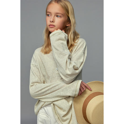 💕春3童装经典撞色条纹亨利领异形小鸟纽扣休闲宽松长袖T恤 商品图2